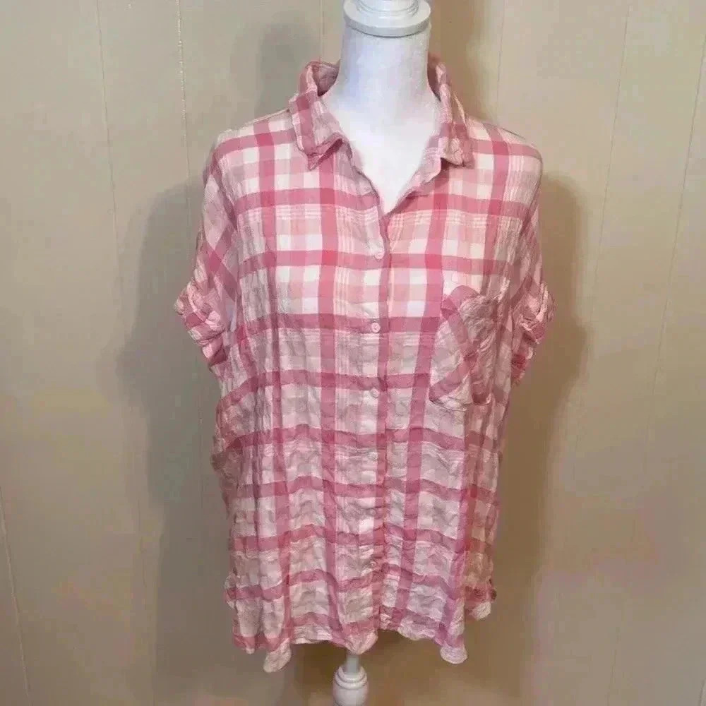 Jane+Delancey Pink & White Checked Short Sleeve Button Front Shirt in Size Large